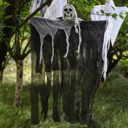 Halloween Decoration Prisoner Ghost In Cage Scary Skull Prop Electric Skeleton Toy Glowing Eye Sound Doll Hangable Talking Ghost
