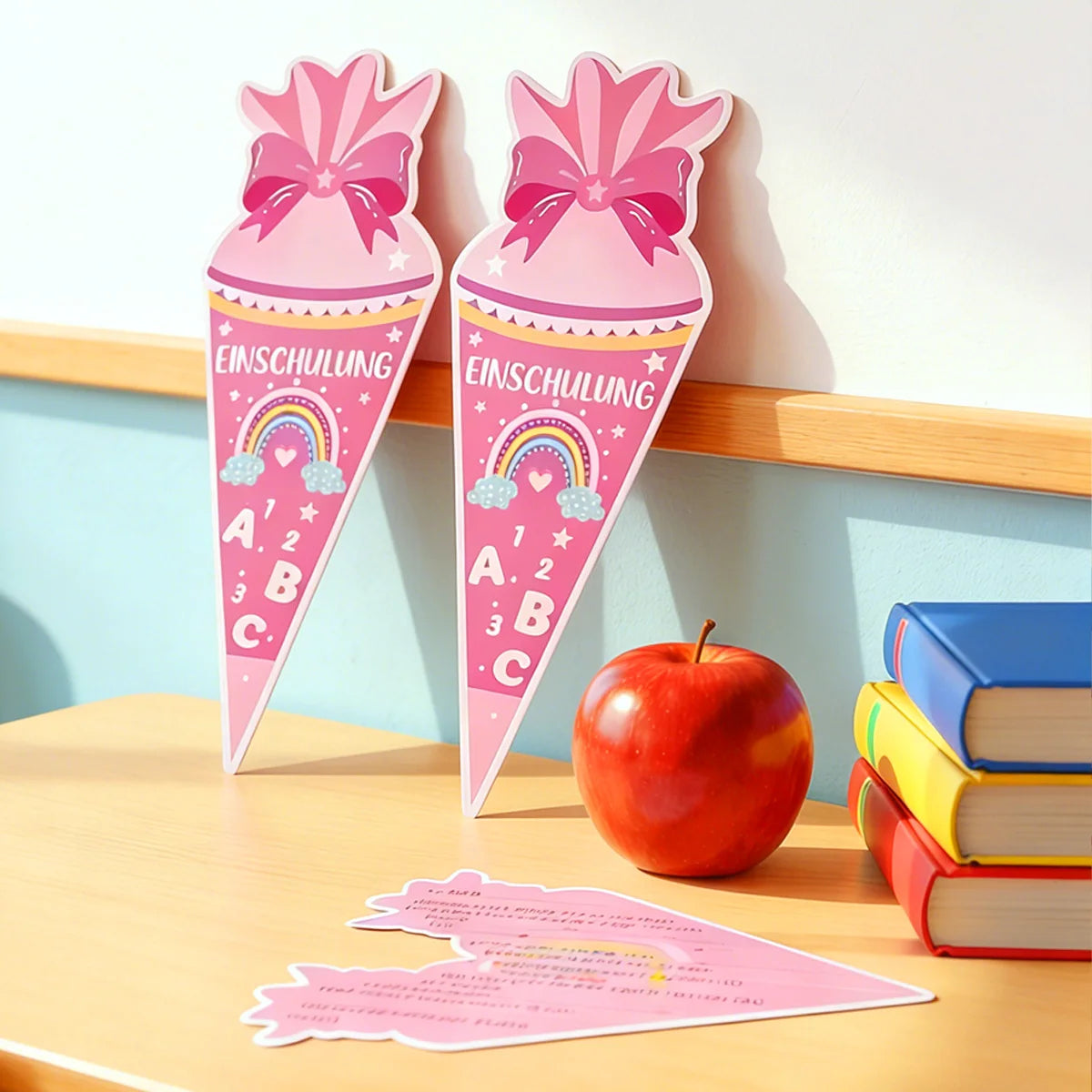 12pcs pink blue gift cone first day of school invitation card, back to school party invitation with stationery patterns such