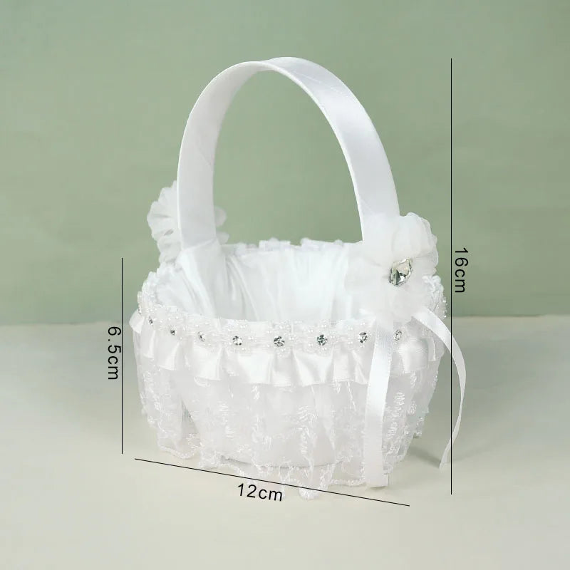 20 cm White Flower Girls Basket Silk Wedding Basket for Flower Bride/Kids Hand Held Wedding Ceremony Party Decorations