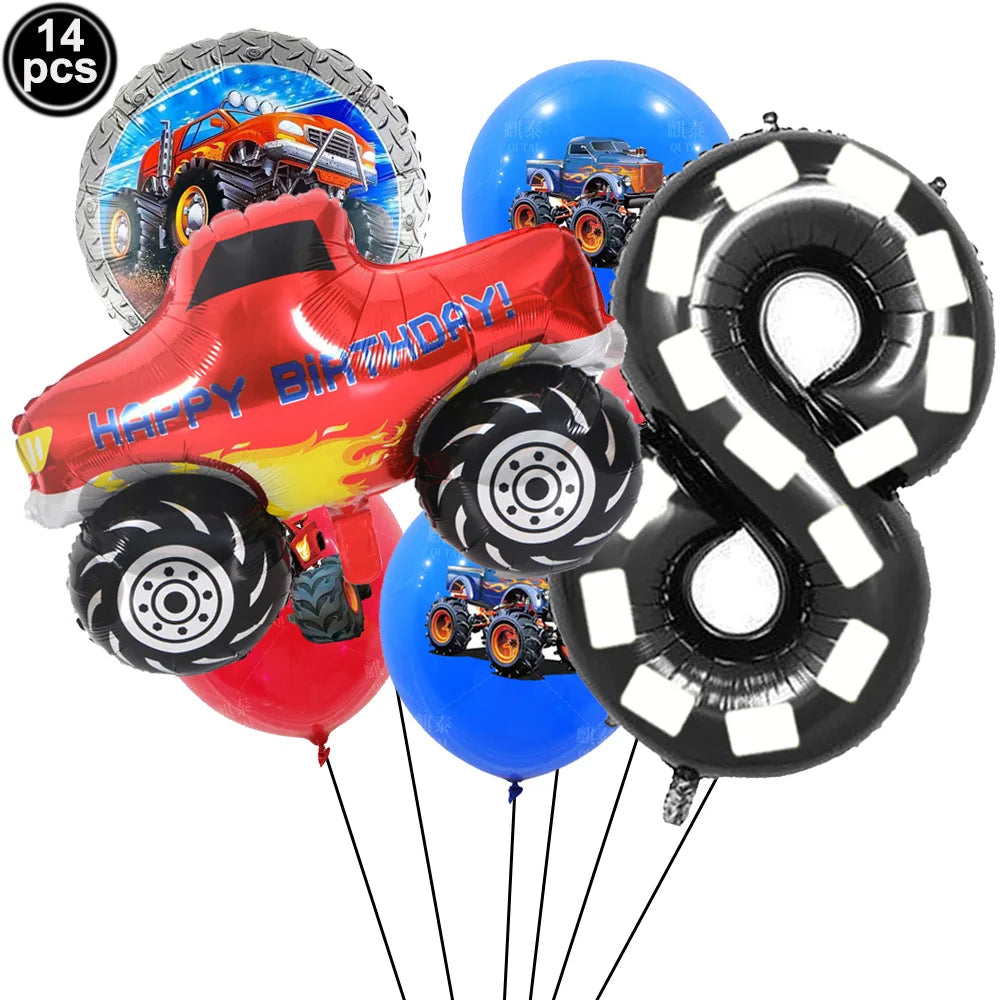 Monster Truck Birthday Party Paper Plates Cup Napkin Tablecloth Balloon Hanging Swirls Banner Monster Truck Birthday Party Decor
