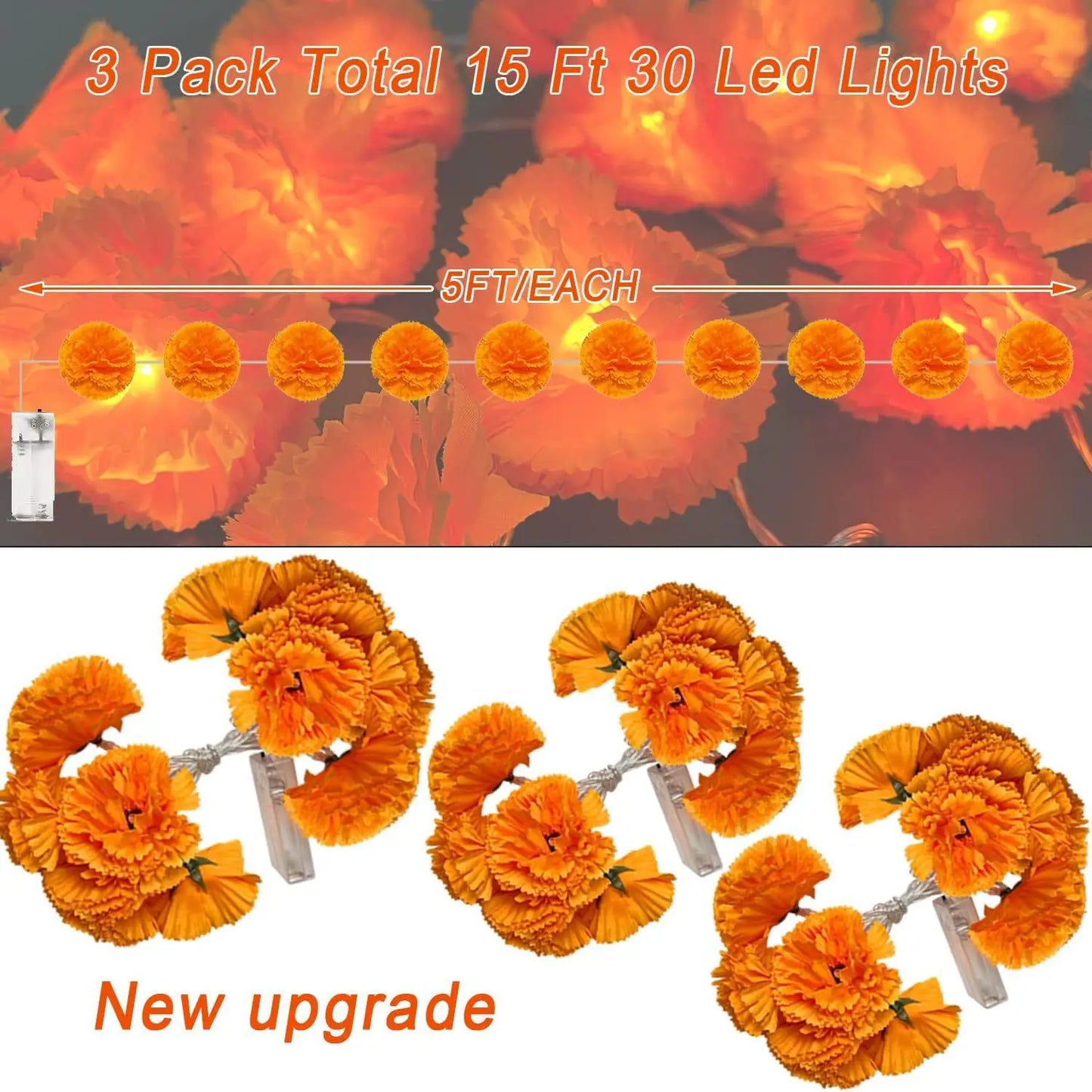 Marigold Garland for Decoration Lighted Day of The Dead Dia De Los Muertos Indian Diwali Altar Halloween Home Party Decor