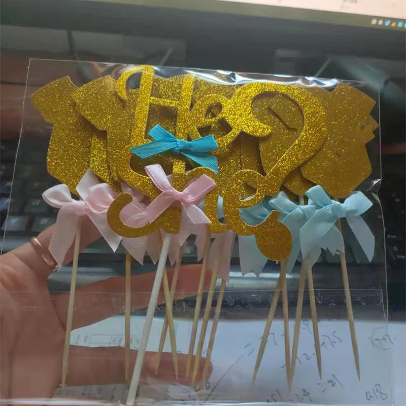 Gender Reveal Cake Topper He Or She Boy Or Girl Cake Flags Baby Birthday Party Cake Decor DIY Baby Shower Cupcake Toppers