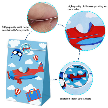 12/24Pcs Airplane Party Favor Bags Gift Goodies Treat Paper Bags With Stickers Kids Boy Flight Aviator Birthday Party Decoration