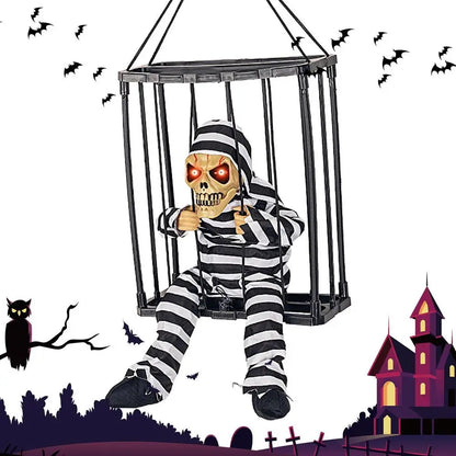 Halloween Decoration Prisoner Ghost In Cage Scary Skull Prop Electric Skeleton Toy Glowing Eye Sound Doll Hangable Talking Ghost
