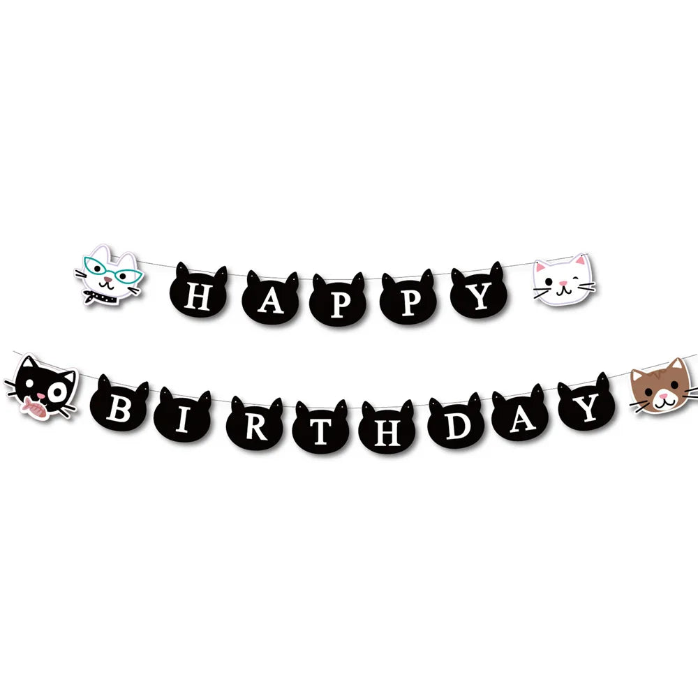 Cat Themed Party Tableware Set Paper Plates Napkins Tablecloth Banner Kitten Girls Birthday Party Decorations Supplies