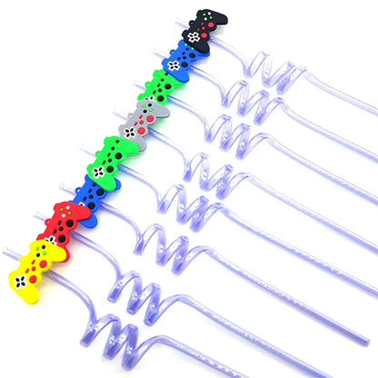 8pcs 26cm Reusable Game Controller Plastic Helical   Straws Gamepad Toys Straw Game Console Theme Kids Birthday Party Decor