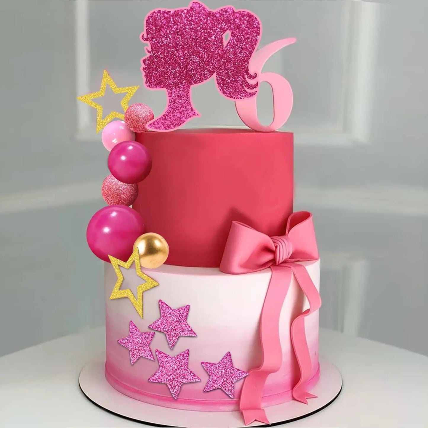 36 PCS Hot Pink Girl Cake Topper Balls Cake Decorations with Pink and Gold Balls Shiny Stars for Wedding Girl Birthday