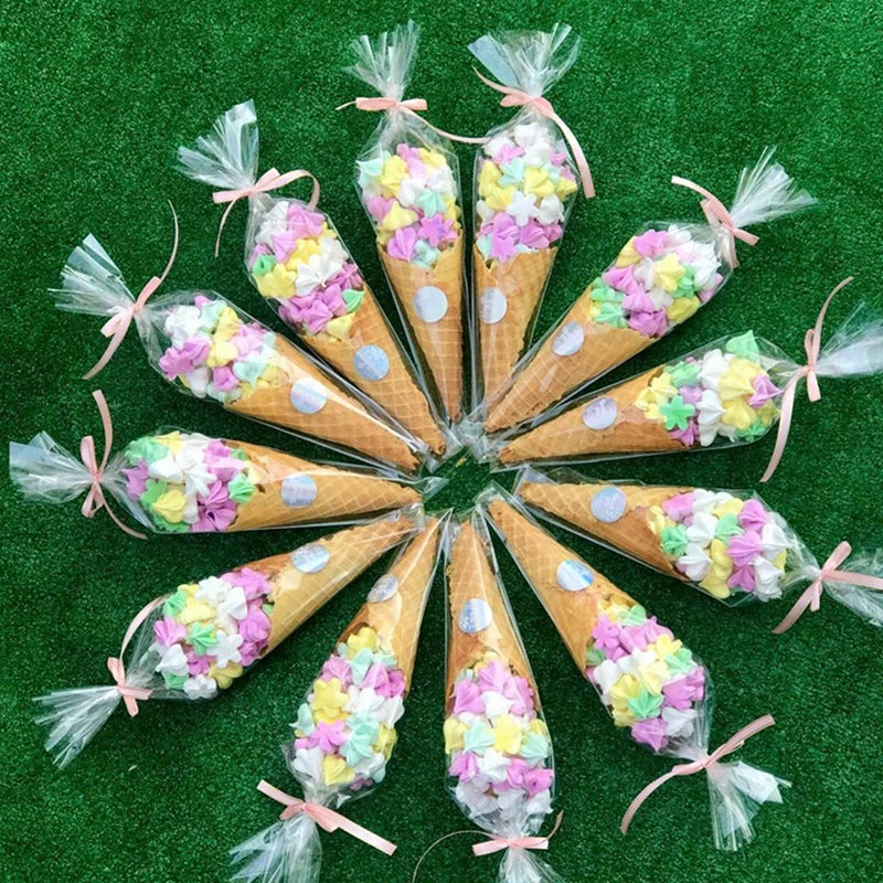 50pcs Transparent Cone Candy Bags Favors Sweet Cookies Storage Packaging Cellophane Bag Birthday Easter Party Decor Gift