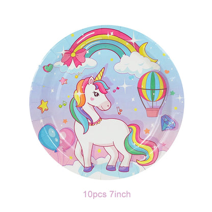 Rainbow Unicorn Party Balloons Disposable Tableware Gift Bags For Kids Girl Unicorn Birthday Party Decoration Favors Supplies