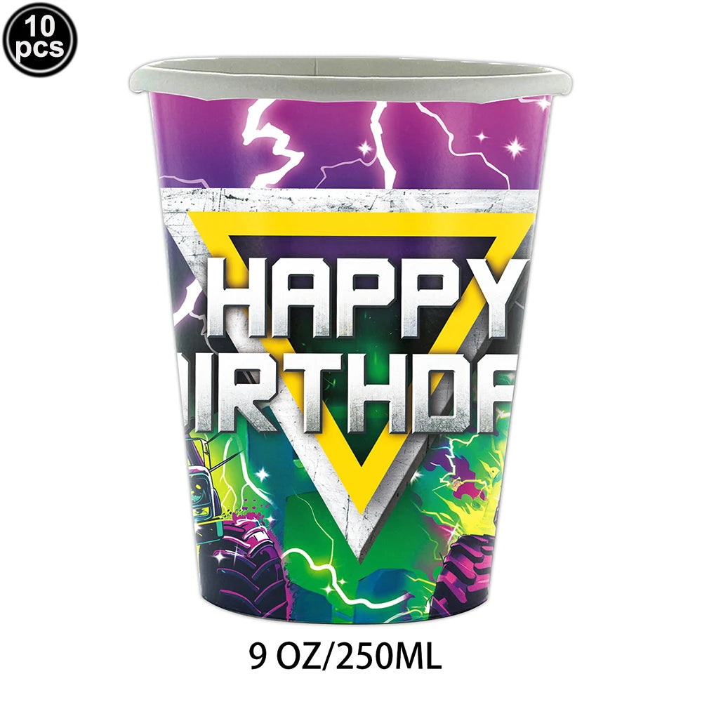 Monster Truck Birthday Party Paper Plates Cup Napkin Tablecloth Balloon Hanging Swirls Banner Monster Truck Birthday Party Decor
