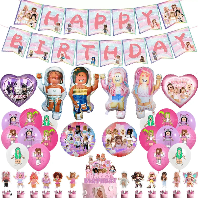 Pink Roblox Balloons Happy Birthday Banner Party Decoration Hot Robot Game Cake Topper Disposable Tableware Kids Girl Background