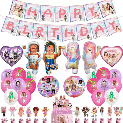 Pink Roblox Balloons Happy Birthday Banner Party Decoration Hot Robot Game Cake Topper Disposable Tableware Kids Girl Background