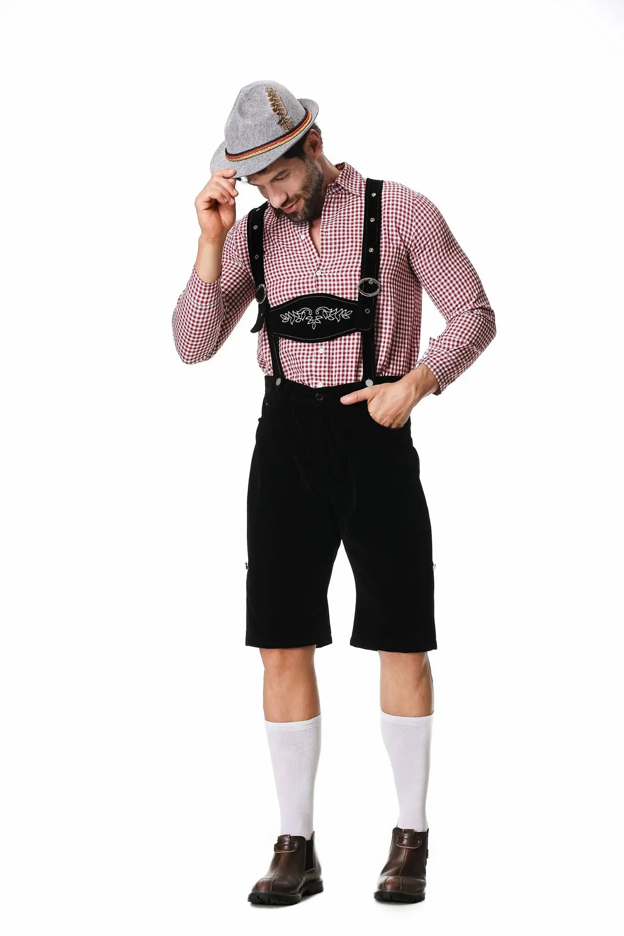 Three-Piece Set Oktoberfest Lederhosen Costume for Men Bavarian German Beer Festivals Suspenders Shirt Hat Male Cosplay Costumes