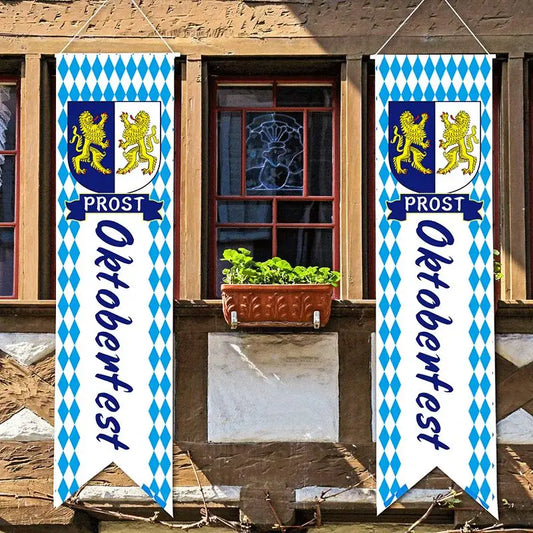 A Pair of Banner Oktoberfest Decorations Bavarian Check Flag Banner Sign  Porch Welcome Banner Sign for German Theme Party
