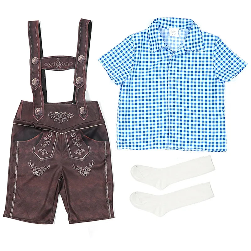 New Boy Oktoberfest Costume Traditional National Plaid Shirt Lederhosen With Socks Cosplay Carnival Fancy Party Dress