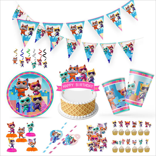Cartoon Disney Superkitties Birthday Party Baptism Disposable Tableware Brooch Spiral Paper Straw Party Supplie Decorate Packing