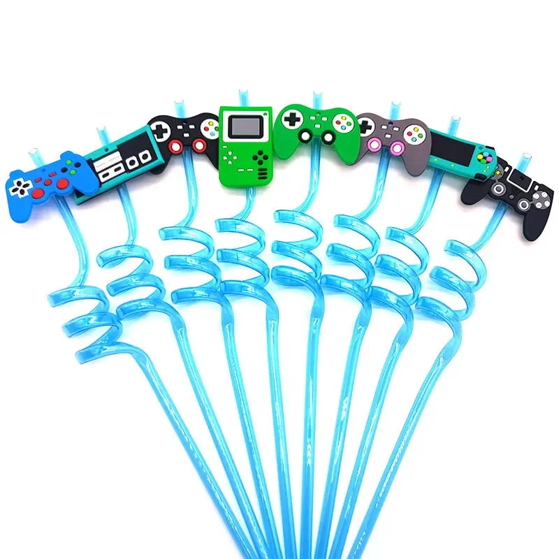8pcs 26cm Reusable Game Controller Plastic Helical   Straws Gamepad Toys Straw Game Console Theme Kids Birthday Party Decor