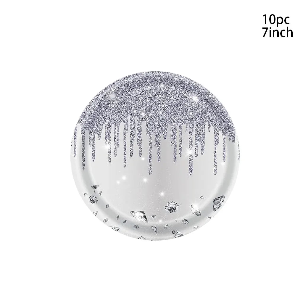 10Guests Silver Shiny Diamond Disposable Tableware Wedding Paper Plate Cups Napkin Happy Princess Birthday Party Decor