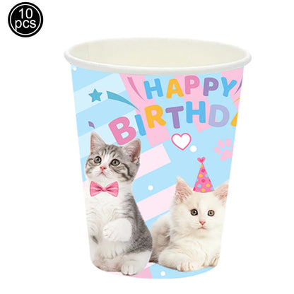 Cat Themed Party Tableware Set Paper Plates Napkins Tablecloth Banner Kitten Girls Birthday Party Decorations Supplies