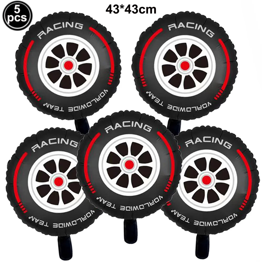 Car Race Balloons Traffic Cones Black White Checkered Flags Racing Wheel tire Foil Balloon Kids Car Birthday Party Decorations