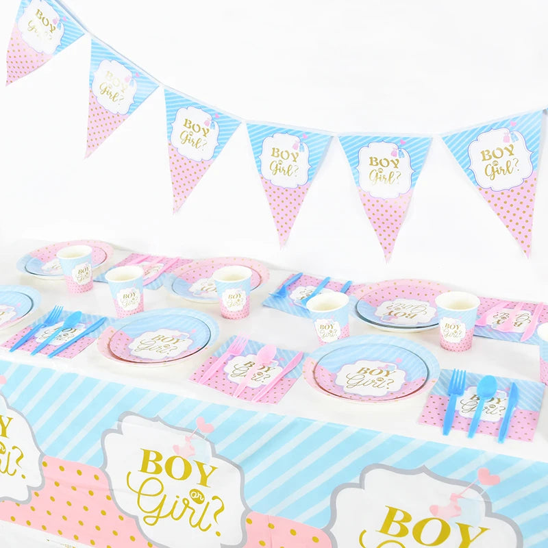 Gender Reveal Disposable Tableware Pink Blue Boy or Girl Plate Napkin Cup Tablecloth Baby Shower Party Table Decoration Supplies