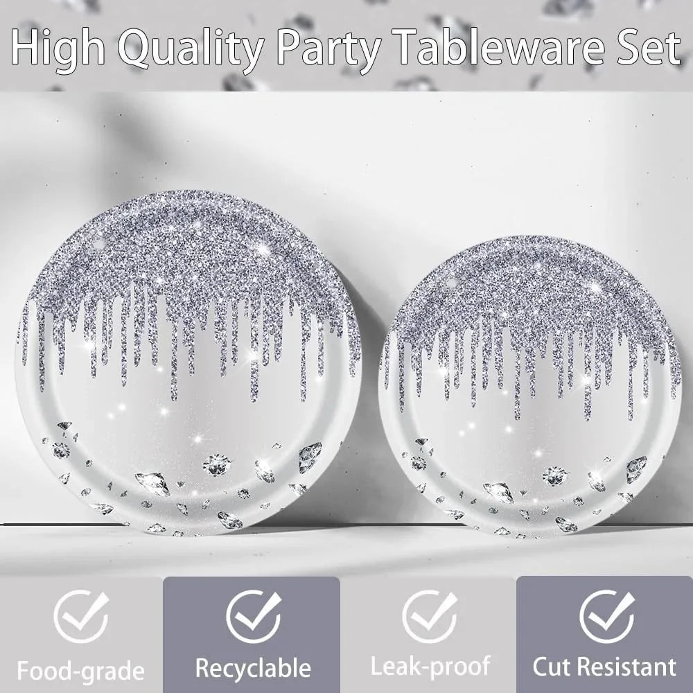 10Guests Silver Shiny Diamond Disposable Tableware Wedding Paper Plate Cups Napkin Happy Princess Birthday Party Decor