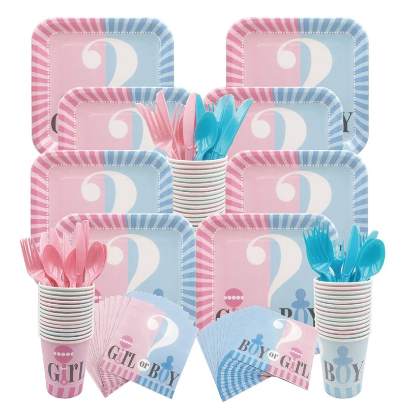 Boy Or Girl Gender Reveal Disposable Tableware Plate Cup Banner Balloons Baby Shower Gender Reveal Party Decorations