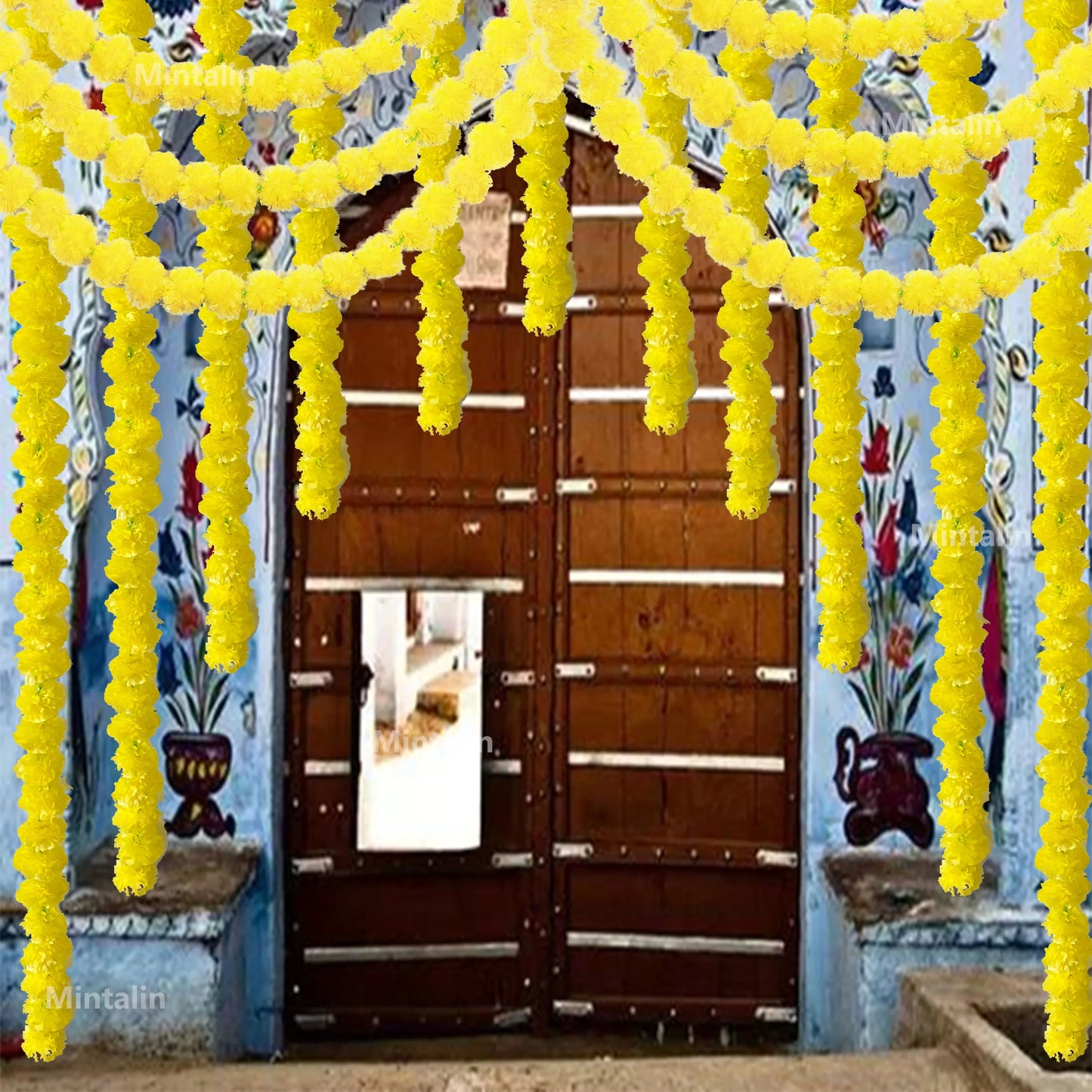 2 Pcs Marigold Flower Garland with бо Flowers for Diwali Mexican Dia de los Muertos DIY Wreath Day of The Dead Decor Party