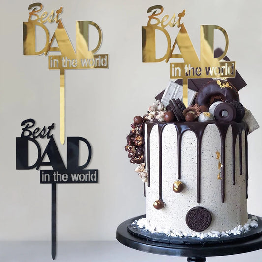 3pcs Gold Black  Best Dad in the world Cake Topper Decorations for Father's Day Birithday Party Cake Decorations