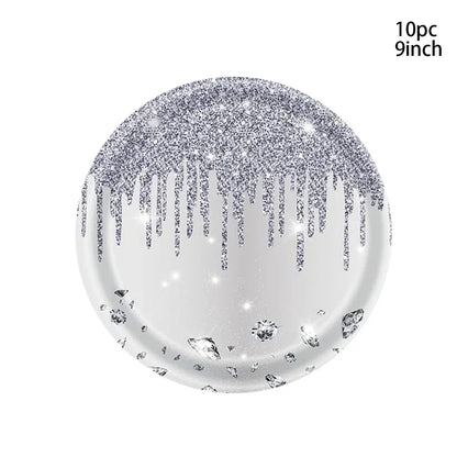 10Guests Silver Shiny Diamond Disposable Tableware Wedding Paper Plate Cups Napkin Happy Princess Birthday Party Decor