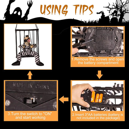 Halloween Decoration Prisoner Ghost In Cage Scary Skull Prop Electric Skeleton Toy Glowing Eye Sound Doll Hangable Talking Ghost