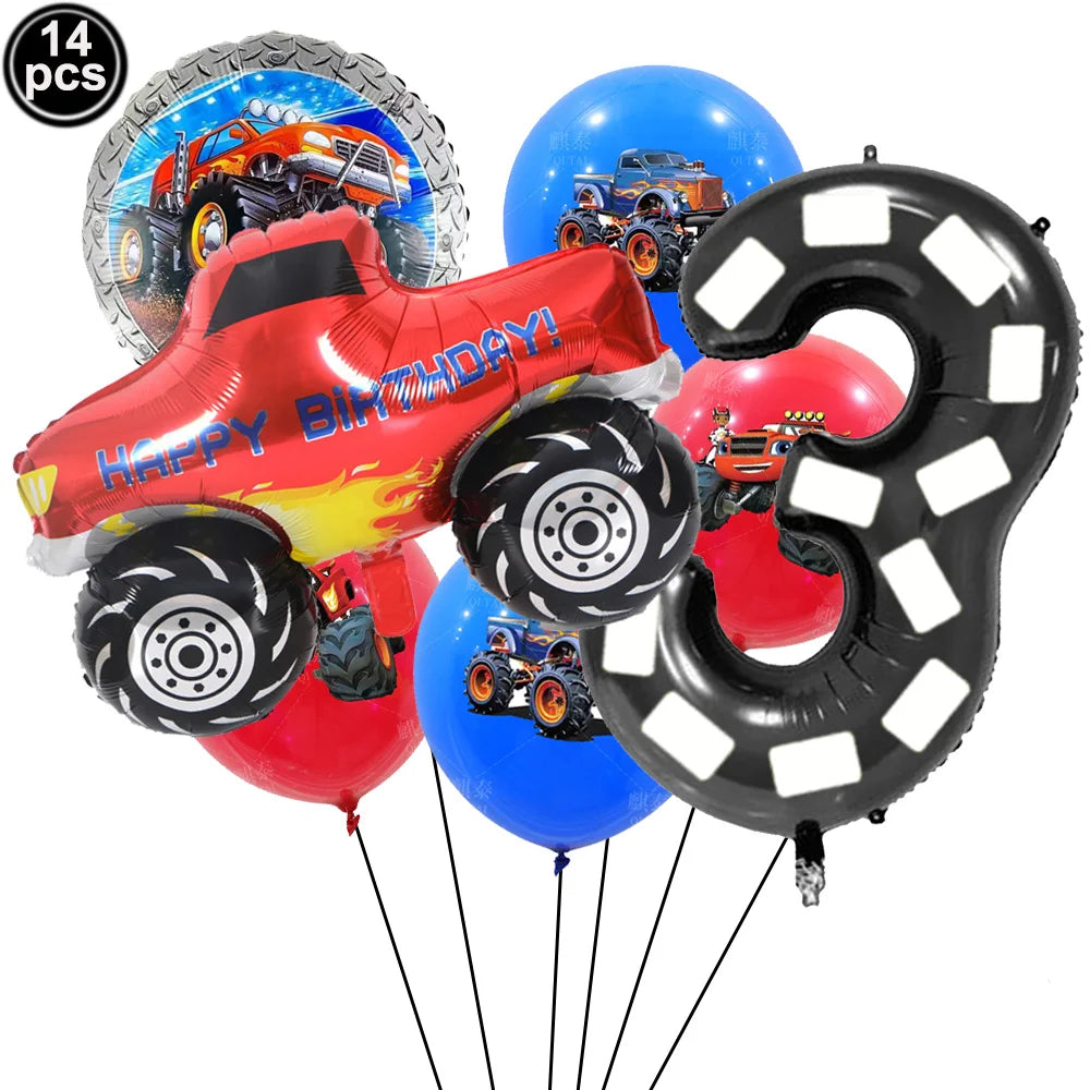 Monster Truck Birthday Party Paper Plates Cup Napkin Tablecloth Balloon Hanging Swirls Banner Monster Truck Birthday Party Decor
