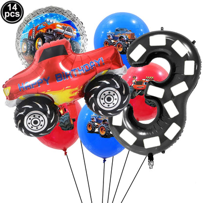 Monster Truck Birthday Party Paper Plates Cup Napkin Tablecloth Balloon Hanging Swirls Banner Monster Truck Birthday Party Decor