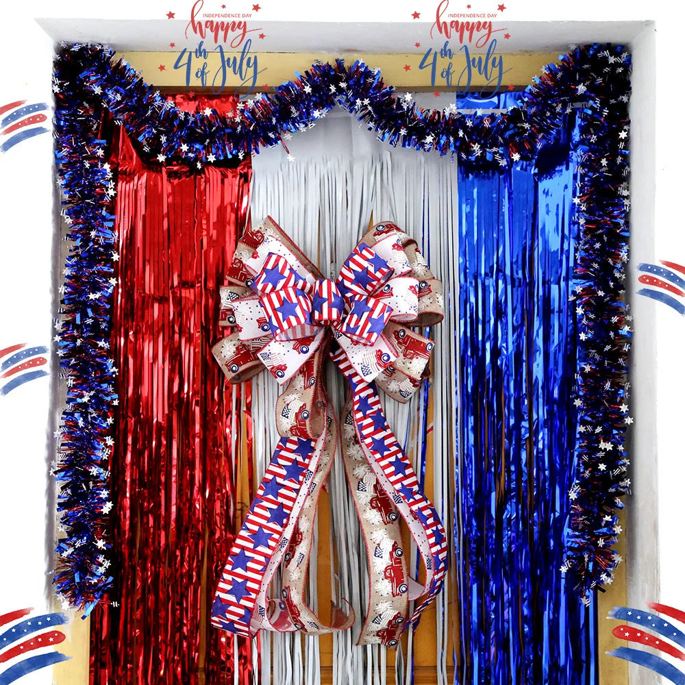 American Independence Day Decoration,American Flag,Red White Blue Metallic Tinsel Foil Fringe Curtains,4th Of July,Photo Props