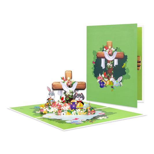 Happy Easter Pop Up Card - 3D Bunny Egg Flowers Basket Greeting Card for Easter