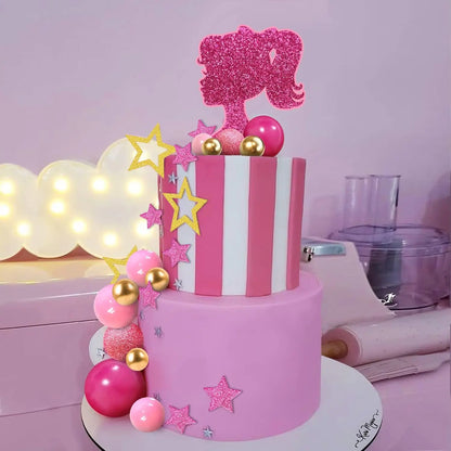36 PCS Hot Pink Girl Cake Topper Balls Cake Decorations with Pink and Gold Balls Shiny Stars for Wedding Girl Birthday