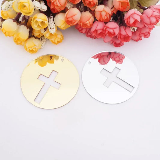 Acrylic Mirror Small Round Cross Tags Baby Shower Table Decor Baptism Invitations Cards Party Guest Gift Christening Decor
