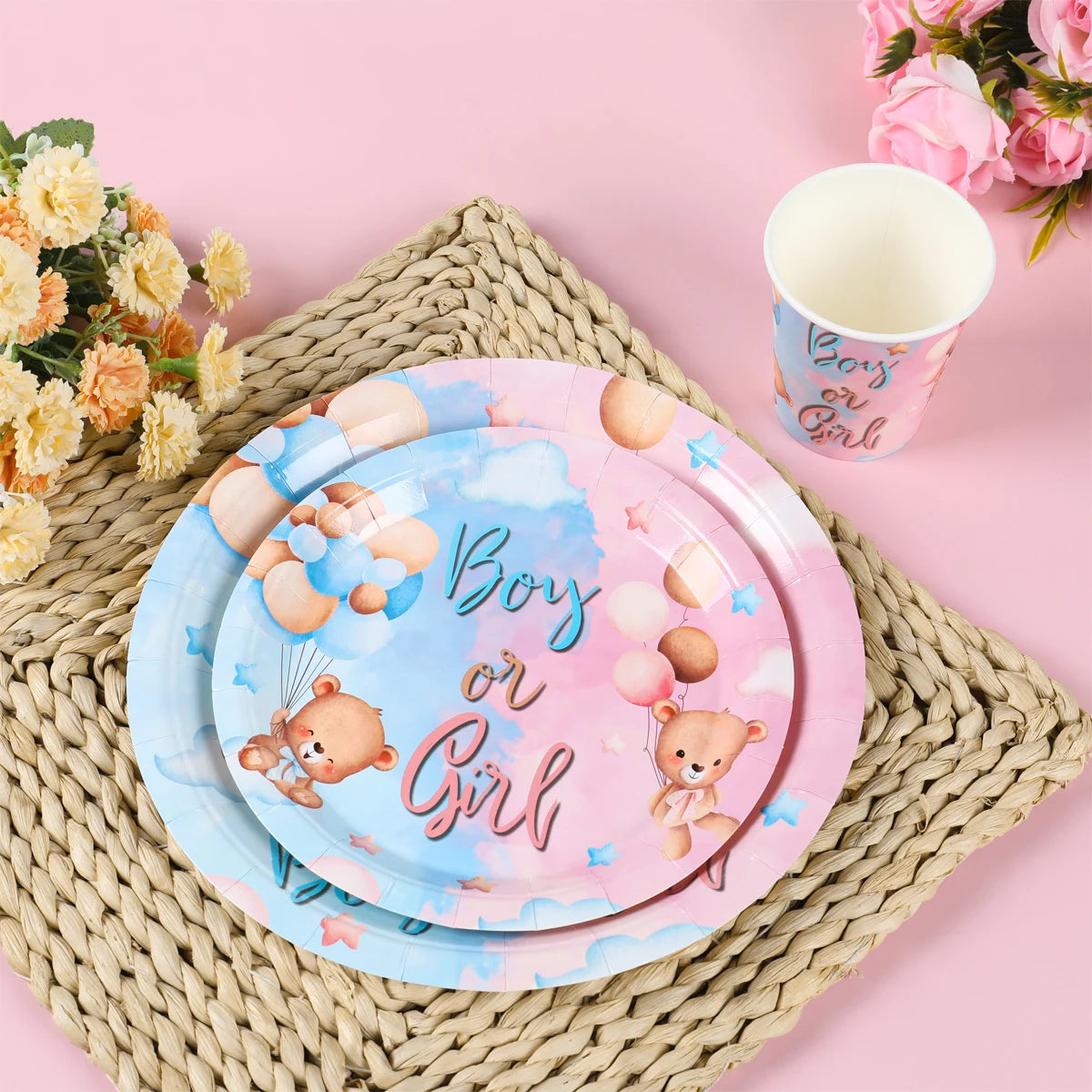 Teddy Bear Gender Reveals Baby Shower Disposable Tableware Sets Pink Blue Napkin Plate Boy or Girl Happy Birthday Party Supplies