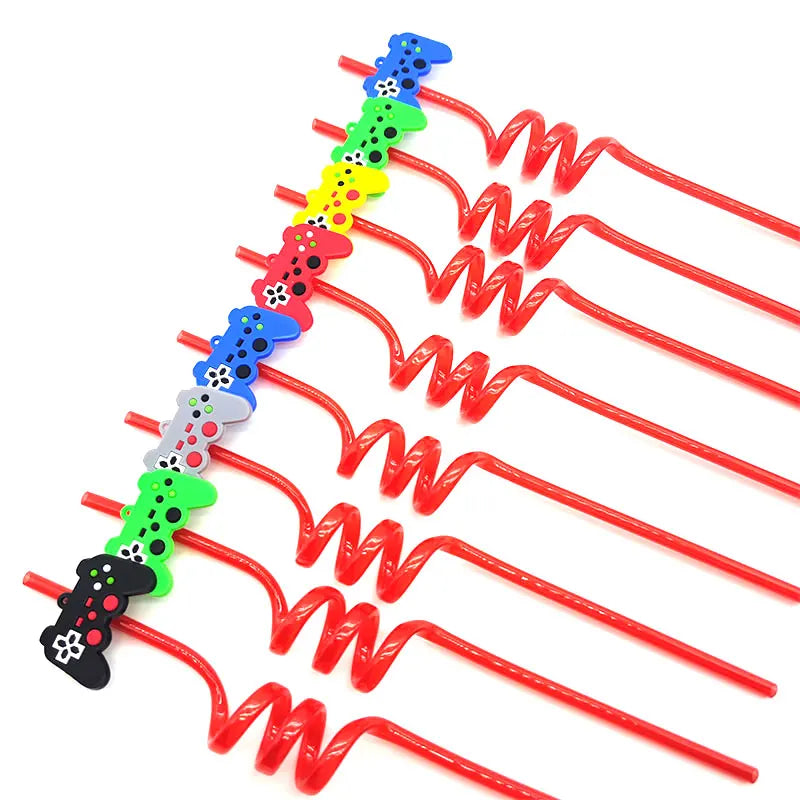 8pcs 26cm Reusable Game Controller Plastic Helical   Straws Gamepad Toys Straw Game Console Theme Kids Birthday Party Decor