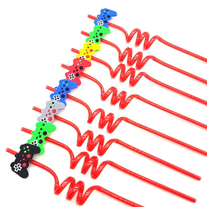 8pcs 26cm Reusable Game Controller Plastic Helical   Straws Gamepad Toys Straw Game Console Theme Kids Birthday Party Decor