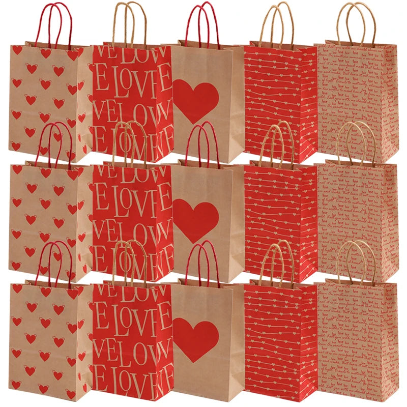 5/10pcs Valentine's Day Kraft Paper Bag Party Small Gift Packaging Bag 15x8x21cm LOVE Heart Style Gift Bag Party Favor Supplies