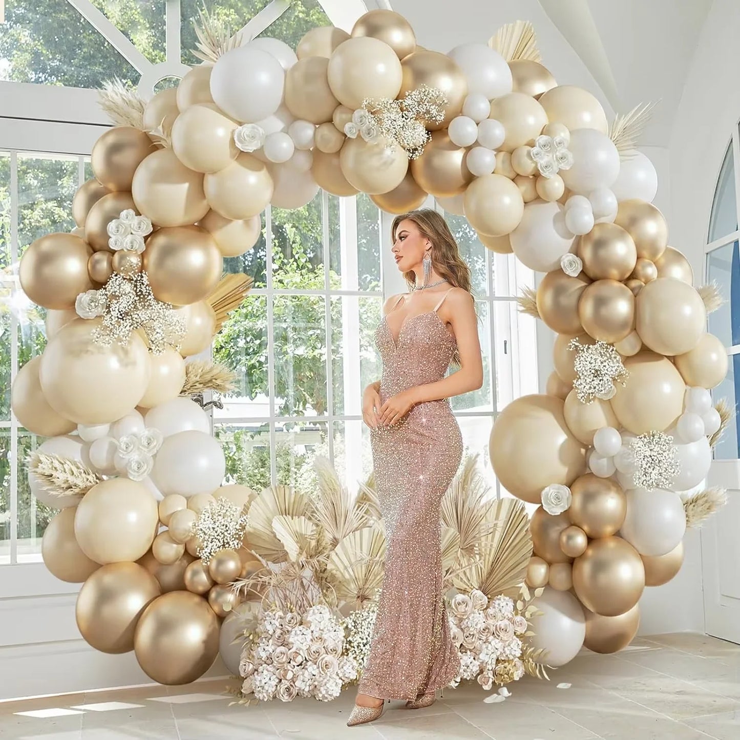 112Pcs Sand White and Gold Balloon Garland Arch Kit for Bridal Wedding Engagement Anniversary Baptism Birthday Party Decorations