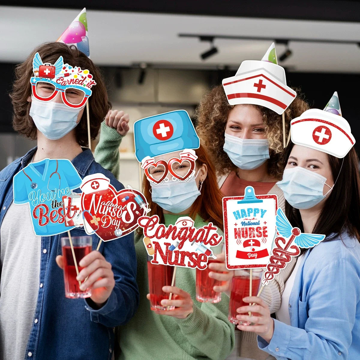 30Pcs Nurse Day Theme Photo Booth Props Thank You Nurses Dress Up Paper Masks for Congrats Nurse Graduation Party Decoration