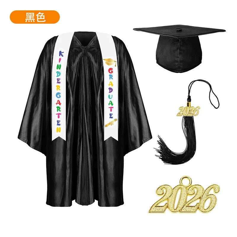 2025 Year Preschool and Kindergarten Graduation Gown Cap Tassel Set with 2025/2026 Charm Printed Stole Grad Gift for Boys Girls