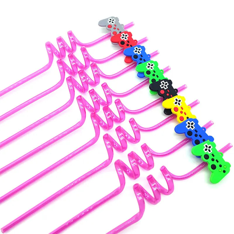 8pcs 26cm Reusable Game Controller Plastic Helical   Straws Gamepad Toys Straw Game Console Theme Kids Birthday Party Decor