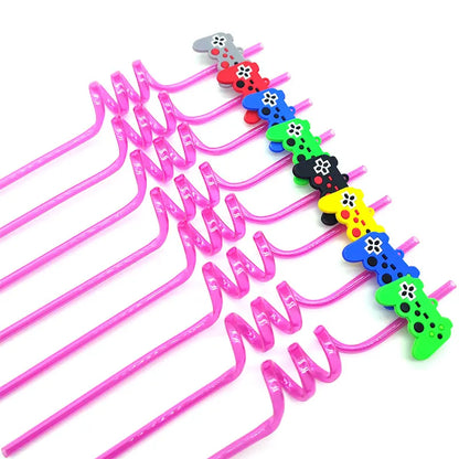 8pcs 26cm Reusable Game Controller Plastic Helical   Straws Gamepad Toys Straw Game Console Theme Kids Birthday Party Decor
