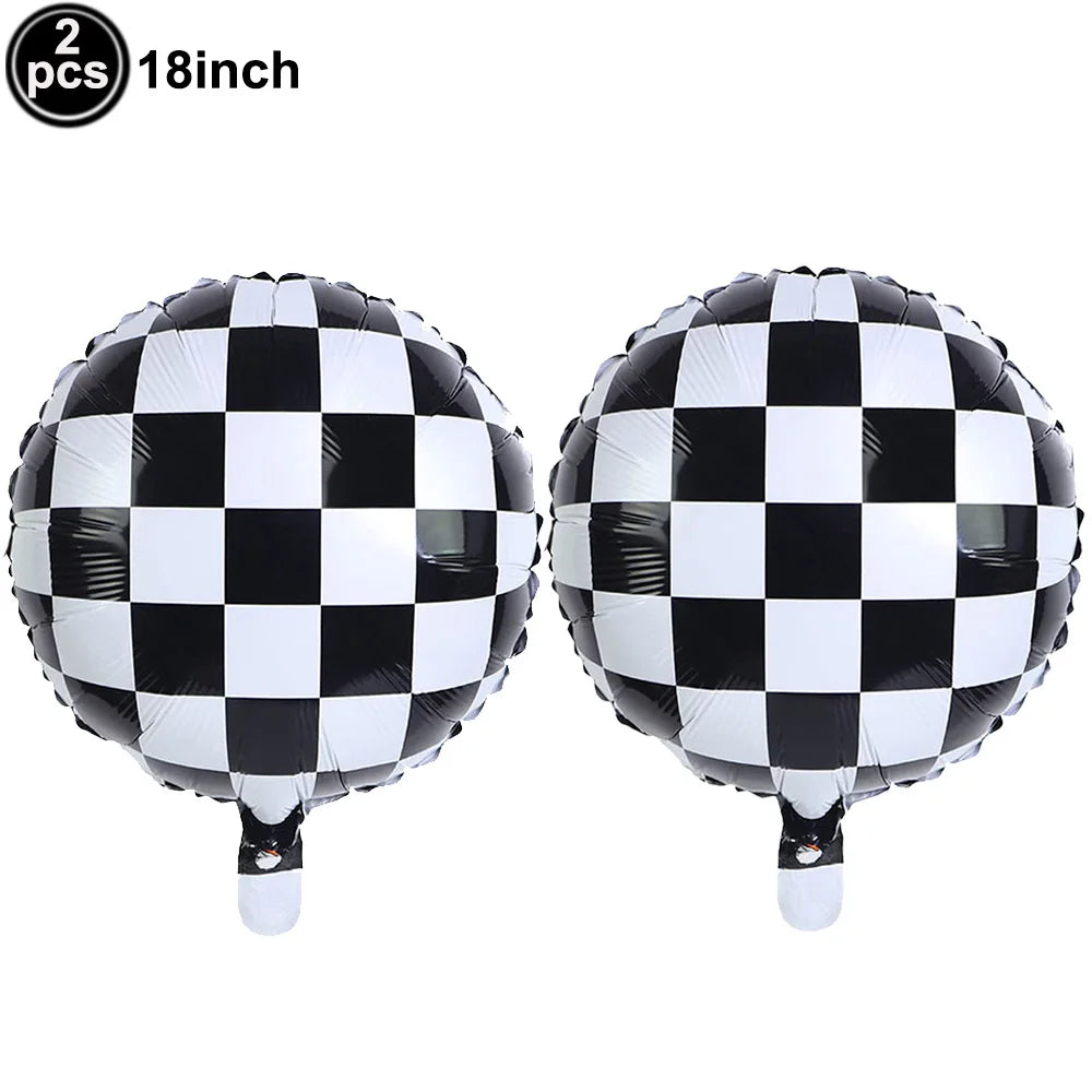 Car Race Balloons Traffic Cones Black White Checkered Flags Racing Wheel tire Foil Balloon Kids Car Birthday Party Decorations