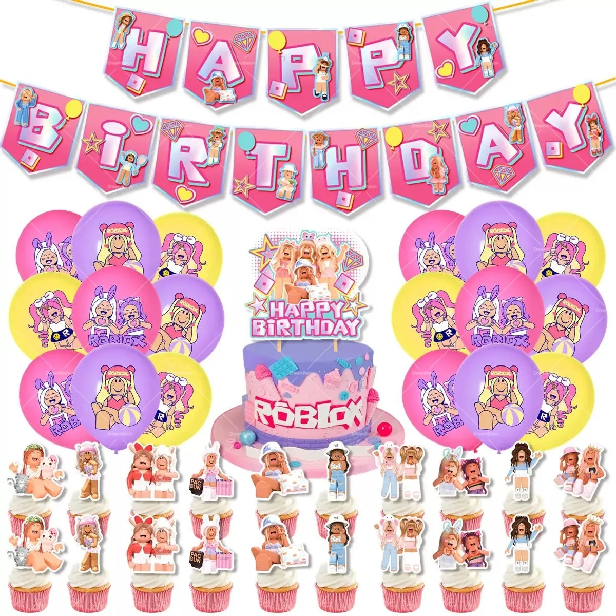 Pink Roblox Balloons Happy Birthday Banner Party Decoration Hot Robot Game Cake Topper Disposable Tableware Kids Girl Background