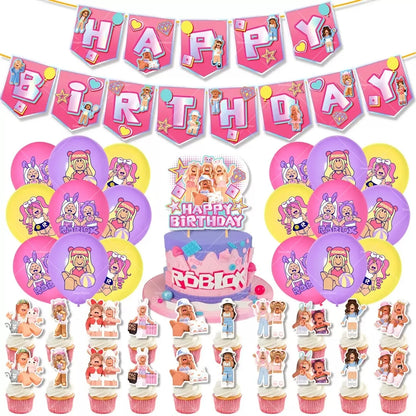 Pink Roblox Balloons Happy Birthday Banner Party Decoration Hot Robot Game Cake Topper Disposable Tableware Kids Girl Background