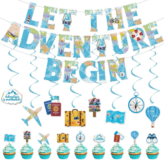 Travel Party Decoration Supplies Traveling Banner Hanging Pendant Cake Topper Traveling Around The World Themed Birthday Party